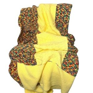 Vintage Handknit Large Yellow Multicolored Cottage Blanket Bed Cover 90"x110"